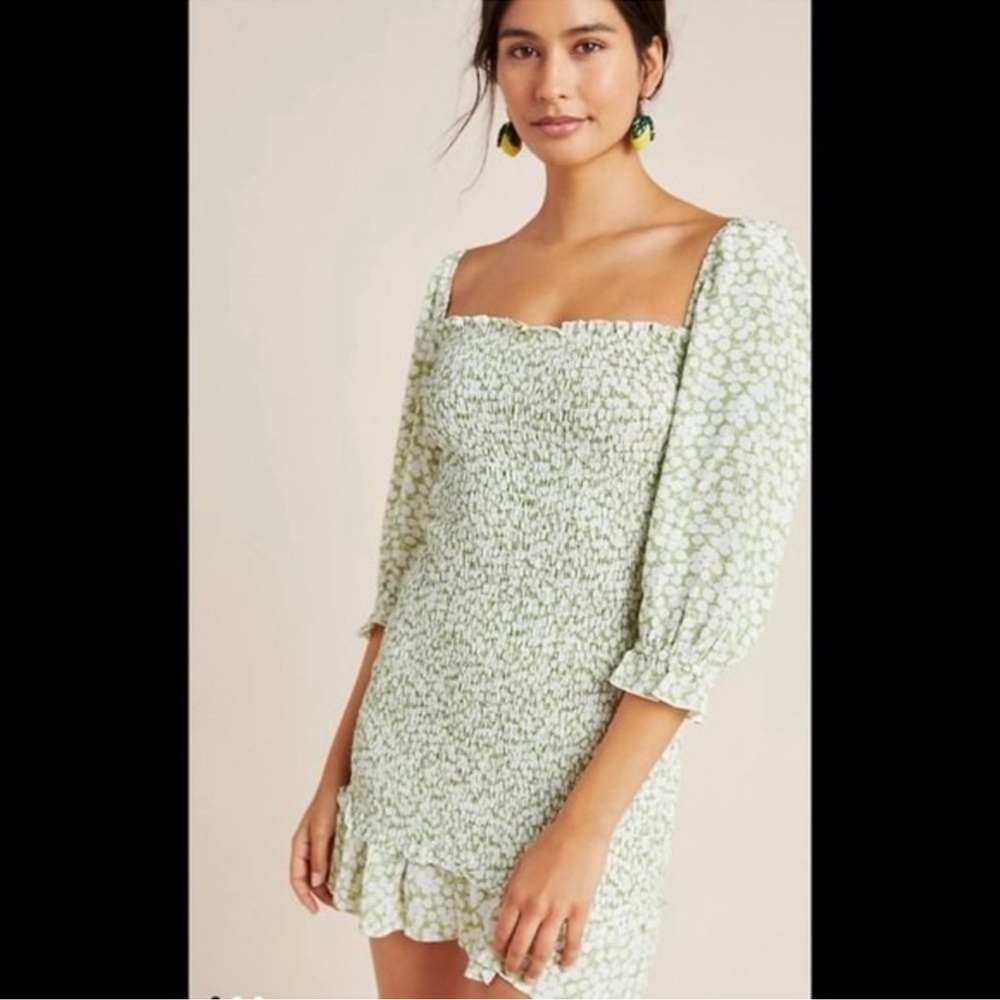 Faithfull The Brand Honfleur Micro Floral Green‎ and white Mini Dress size M